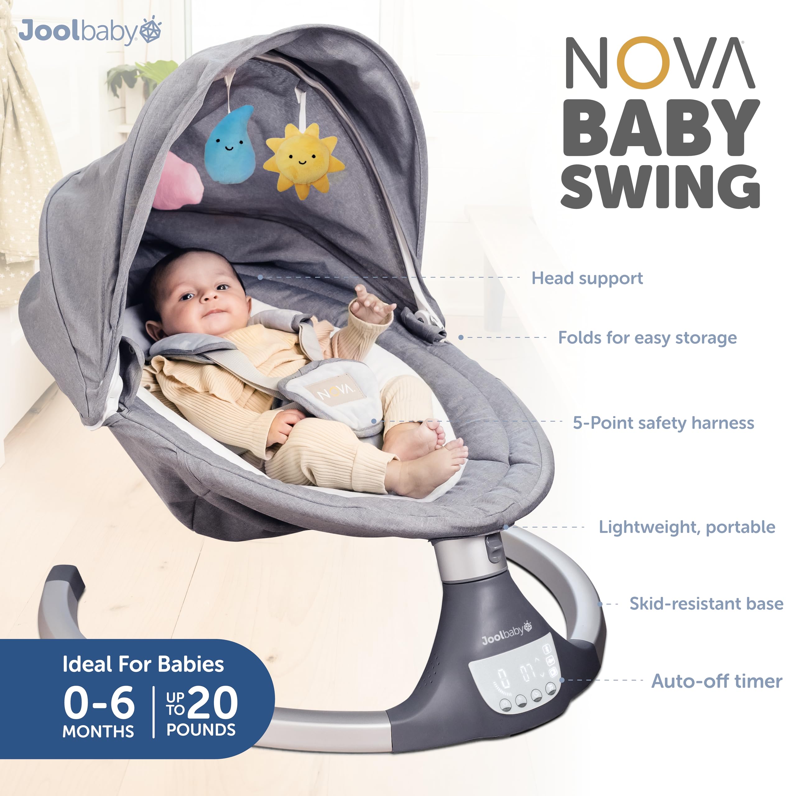 Jool Baby Nova Swing Bluetooth speaker plays music for baby.