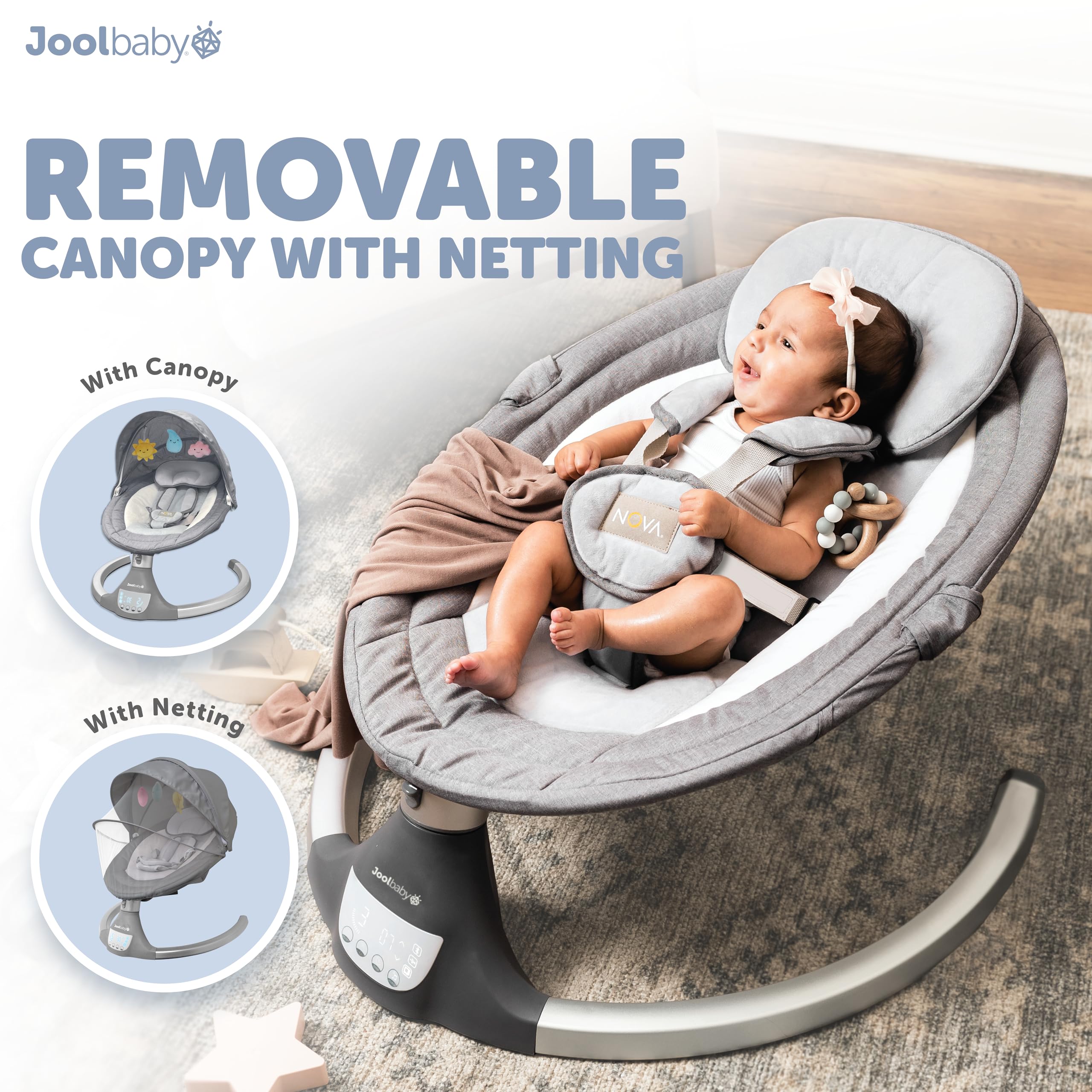 Jool Baby Nova Swing removable canopy and netting for shade.