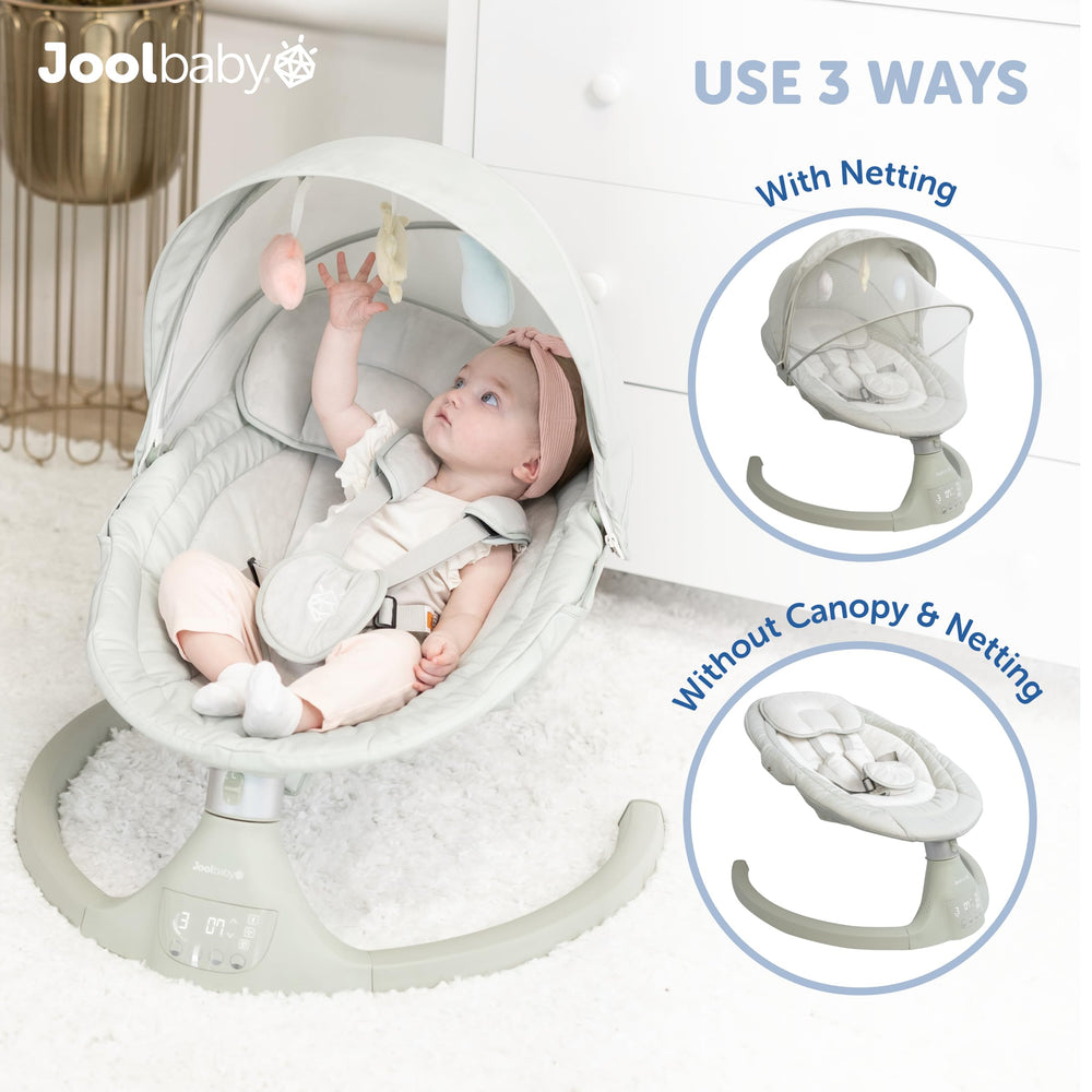 Jool Baby Nova Swing removable netting keeps bugs away from baby.