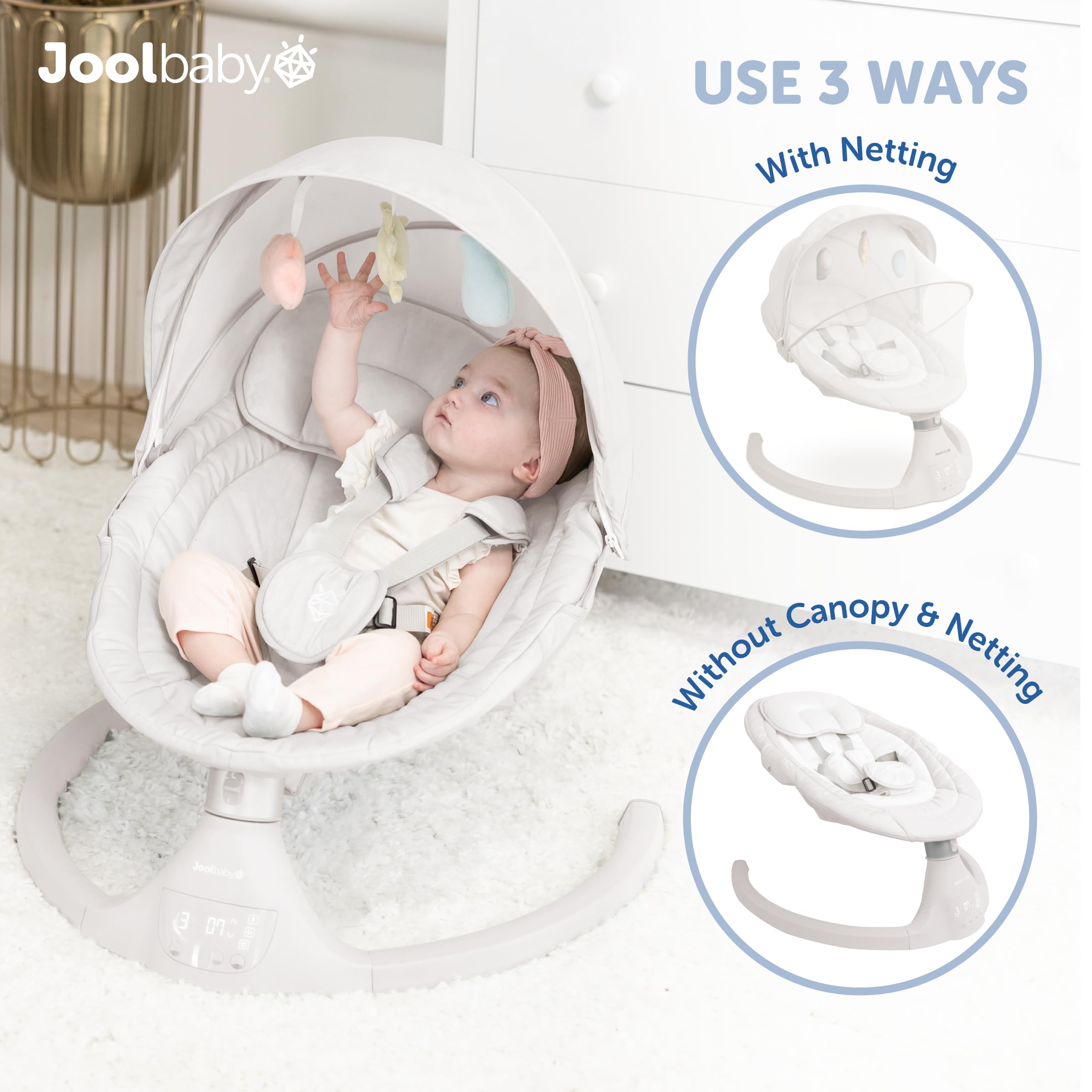 Removable netting on the Nova Swing protecting baby from insects.