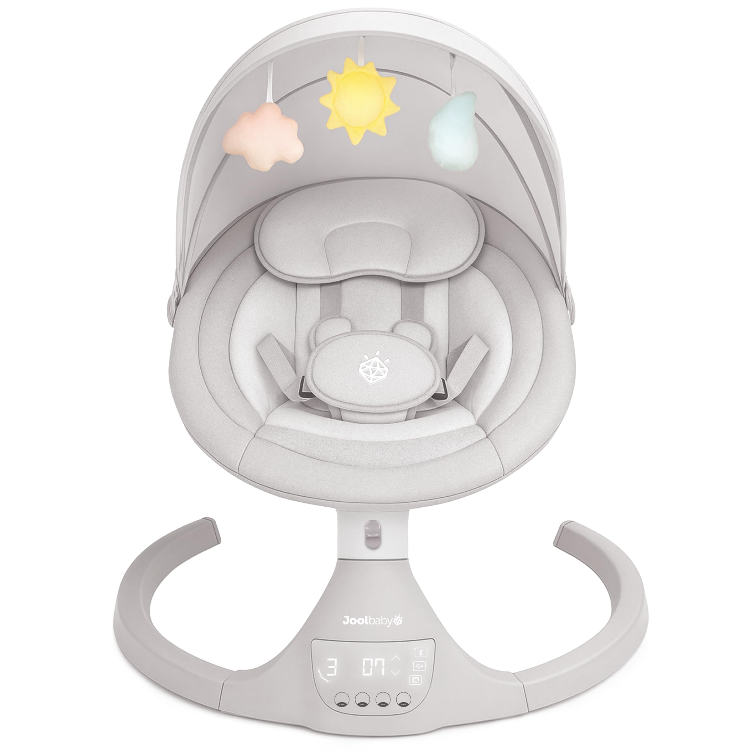Jool Baby Nova Swing in action with side-to-side motion soothing a newborn.