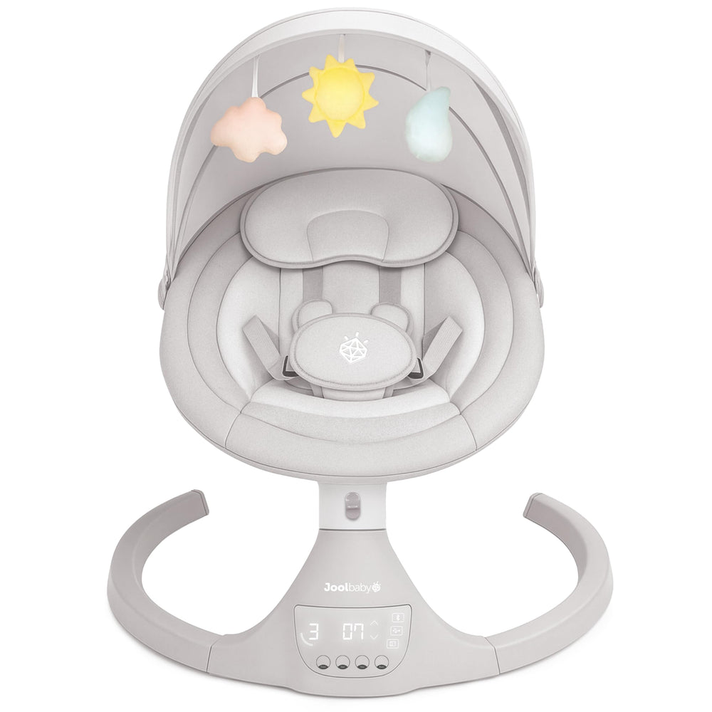 Jool Baby Nova Swing in action with side-to-side motion soothing a newborn.