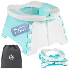 Jool Baby portable potty folded for compact storage and travel.