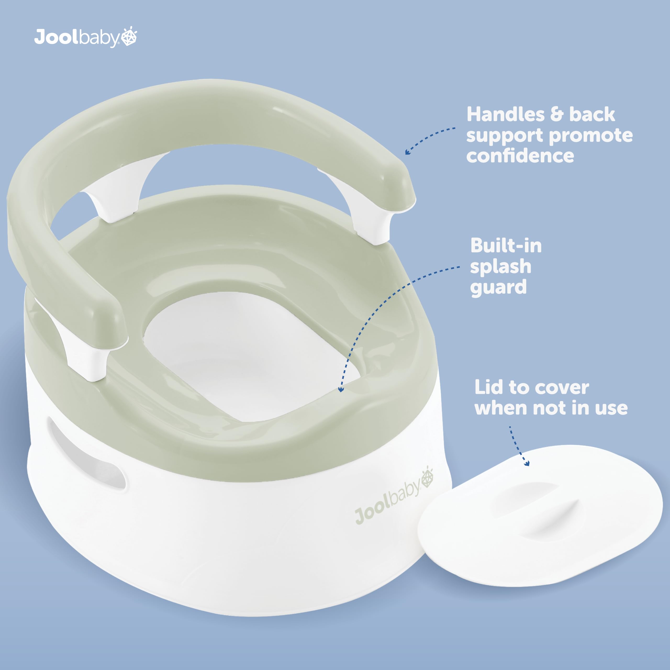 Jool Baby potty chair Sage splash guard helps prevent messes while toilet training.
