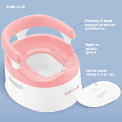 Jool Baby pink potty chair armrests aid comfortable sessions.