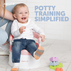 Jool Baby pink potty chair back support keeps toddlers secure.