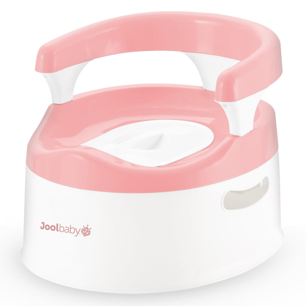 Jool Baby potty chair with pink splash guard for mess-free training.
