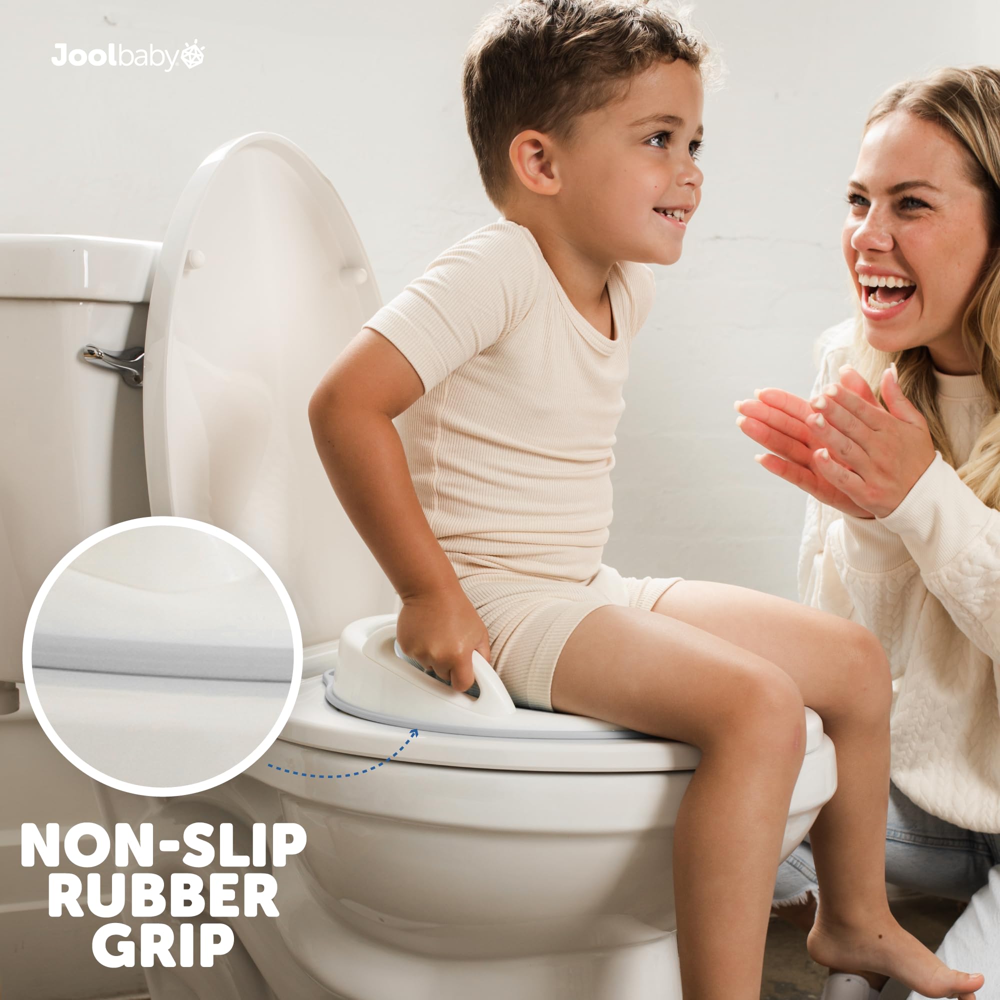 Jool Baby potty seat fits round and oval toilets for versatile use.
