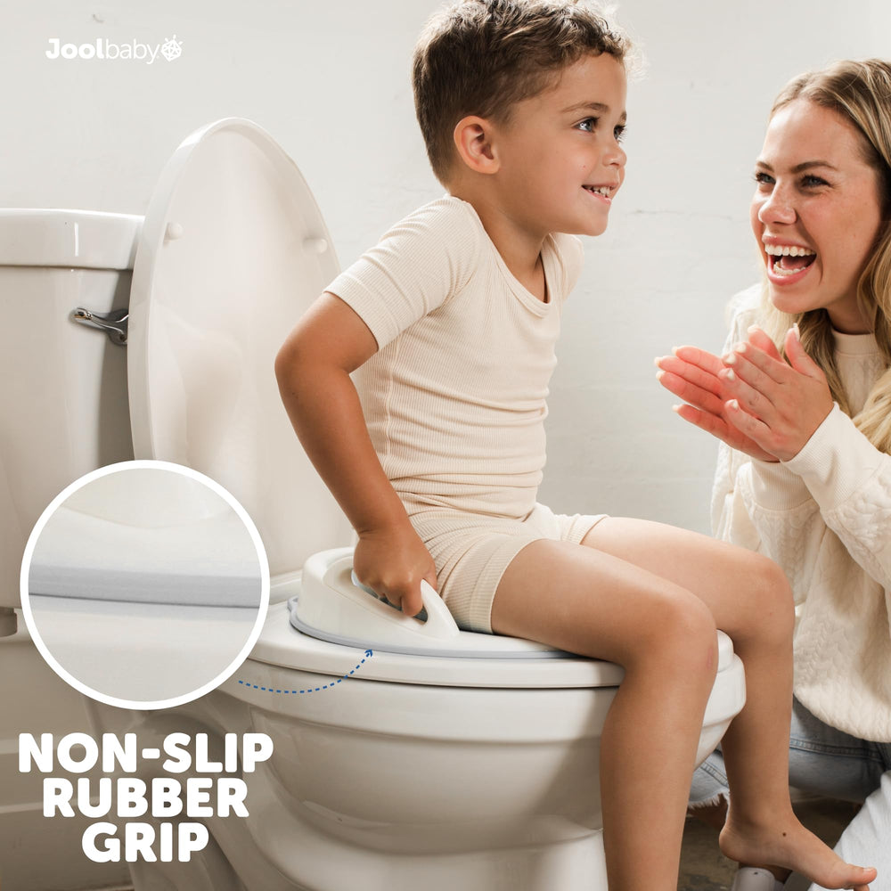 Jool Baby potty seat fits round and oval toilets for versatile use.