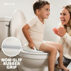 Jool Baby potty seat fits round and oval toilets for versatile use.