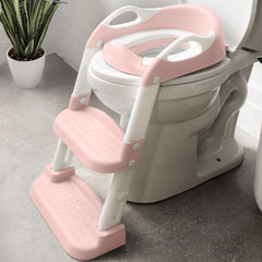 Jool Baby potty training seat with 2-step ladder in pink for independent toilet use.