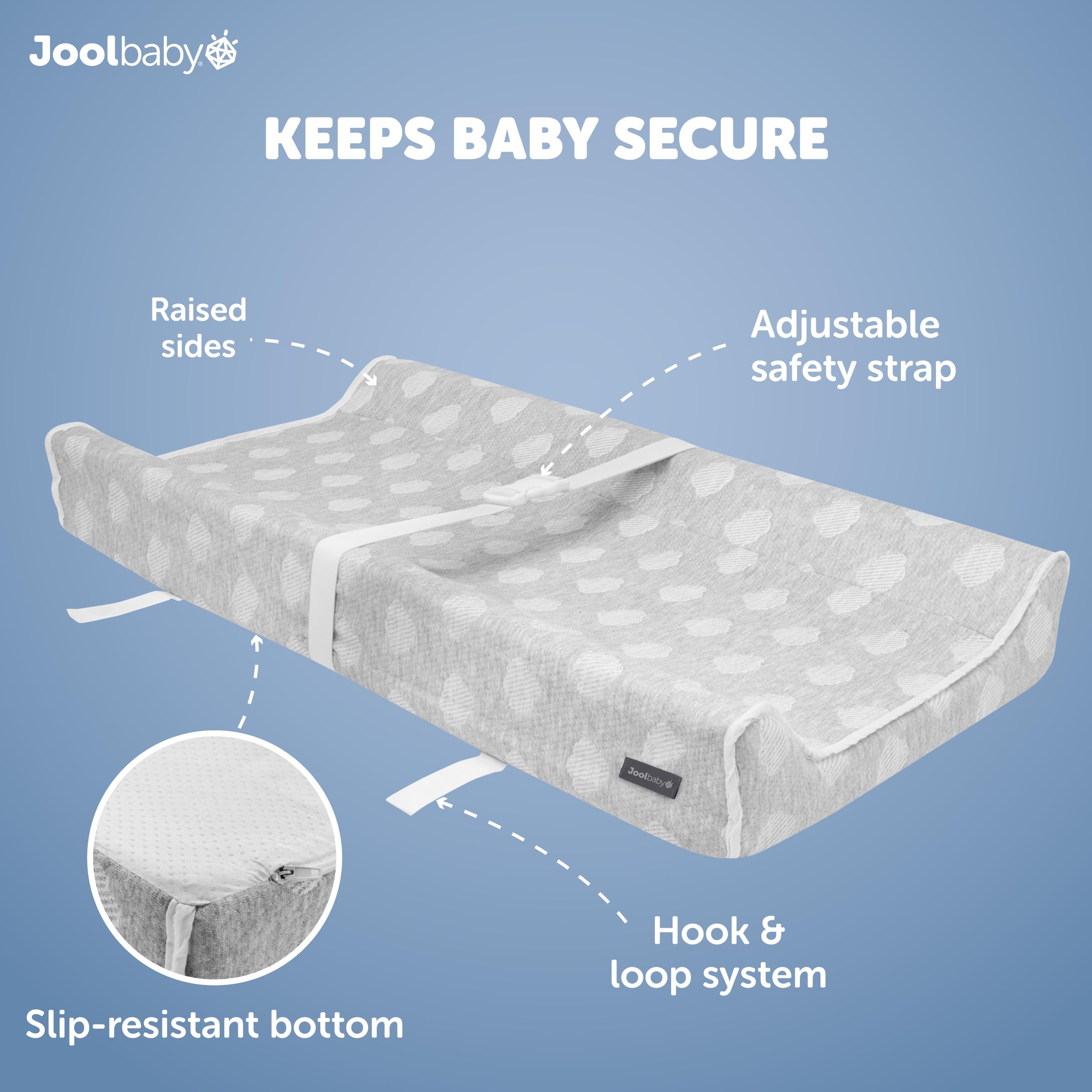 Jool Baby Serenity pad with contoured sides keeps baby secure during changes