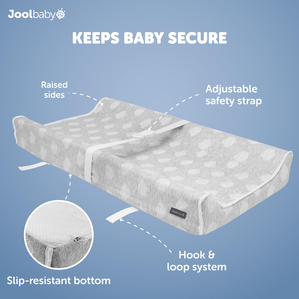 Jool Baby Serenity pad with contoured sides keeps baby secure during changes