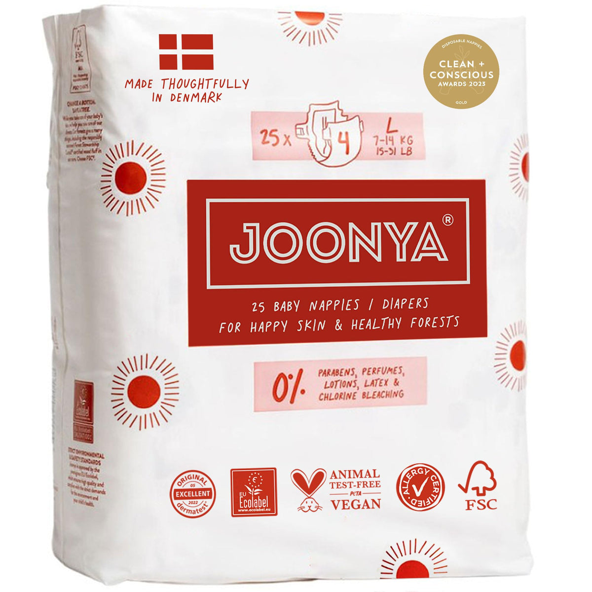 JOONYA size 4 baby diaper pack front view showing slim overnight fit