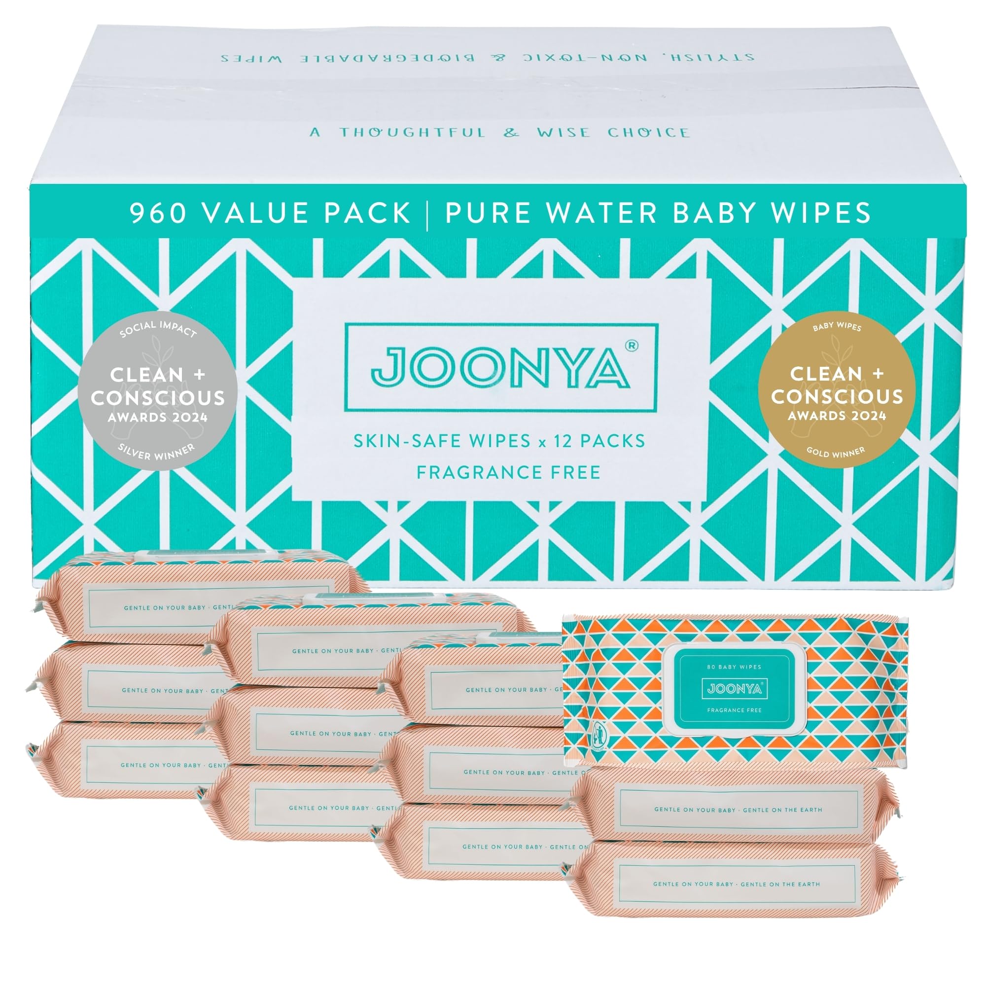 JOONYA Unscented Baby Wipes pack front view for bulk convenience.
