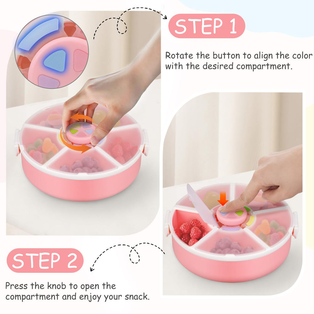 Close-up of JOOPETALK rotating snack container button for interactive mealtime.