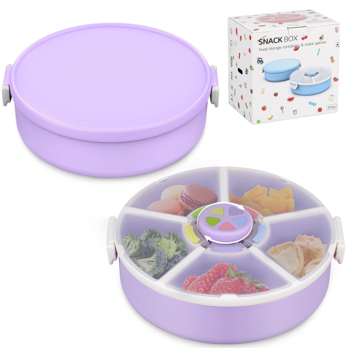 JOOPETALK spin snack container showing rotating lid and 5 compartments for varied snacks.