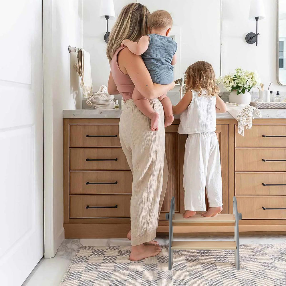 Joothlin kids reach shelves stool enabling easy access to items.