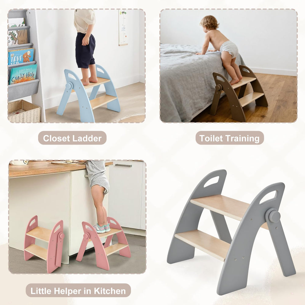 Joothlin wooden 2-step stool with anti-slip feet for stability.