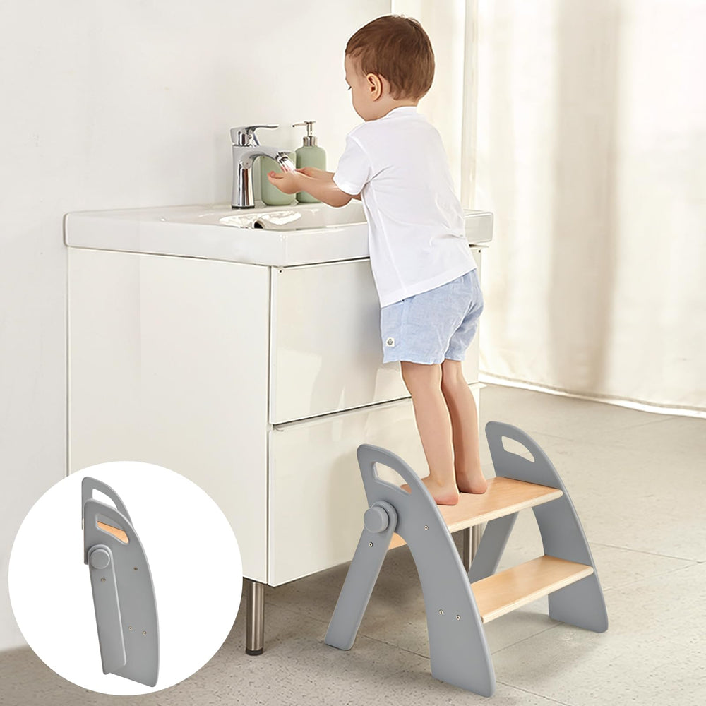 Joothlin wooden 2-step stool folded compact design for small spaces.