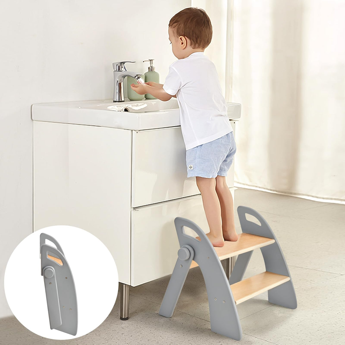 Joothlin wooden 2-step stool folded compact design for small spaces.