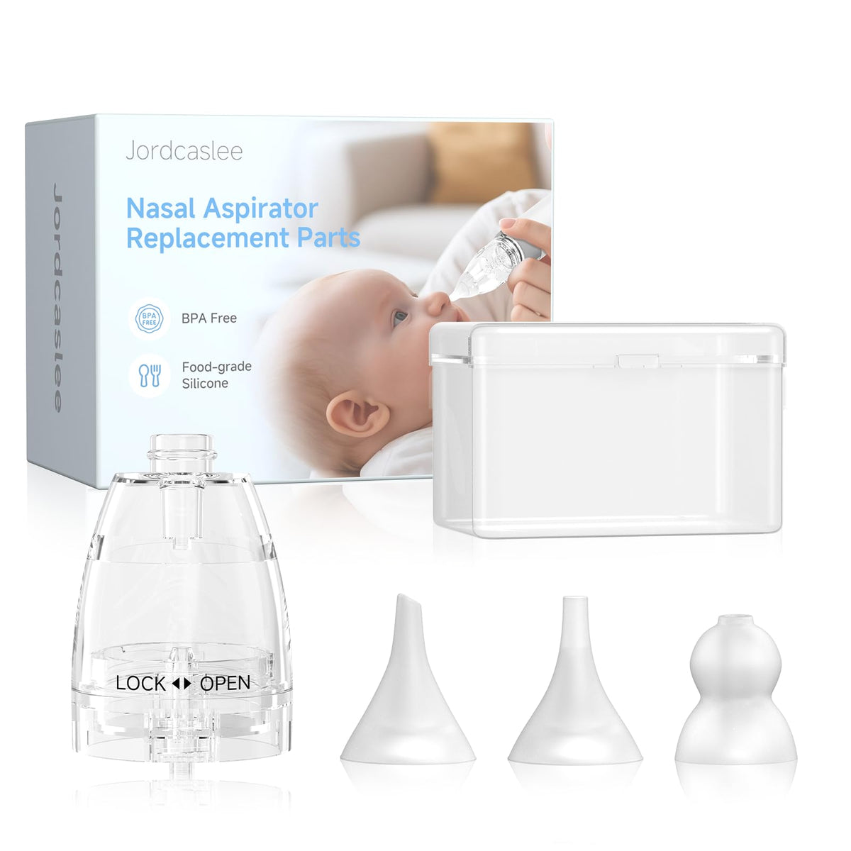 Jordcaslee nasal aspirator chamber with anti-backflow design for mess-free use.