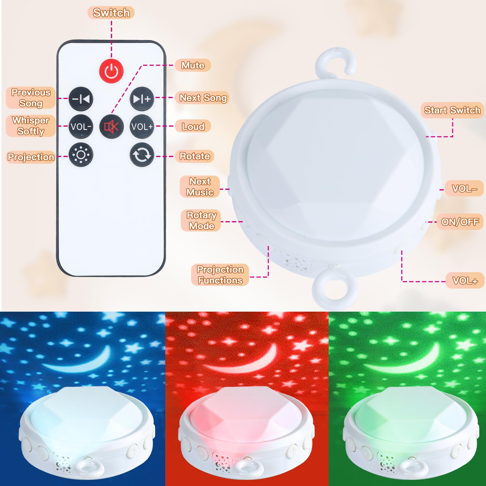 Joryuek baby mobile with starlight projection creating a soft nursery glow