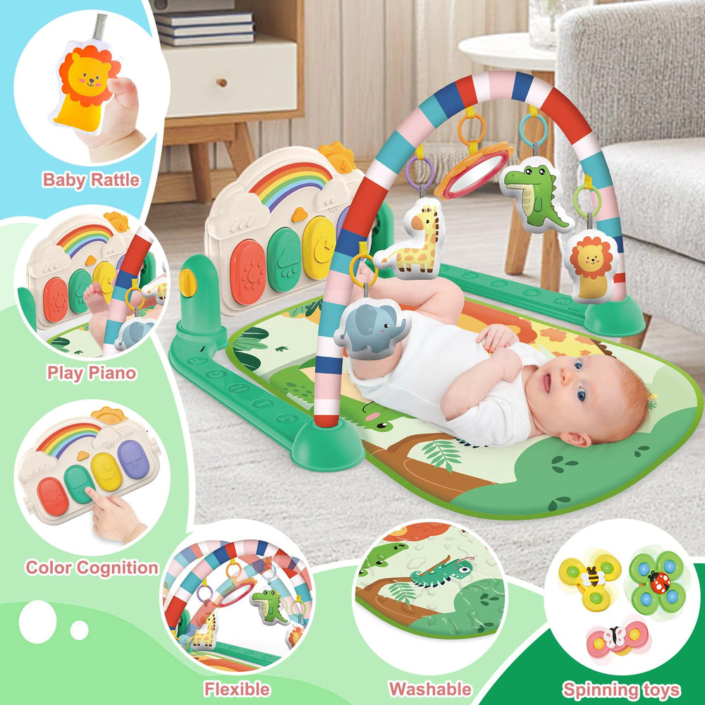 Joryuek baby gym piano mat adds bright music to encourage leg movement.