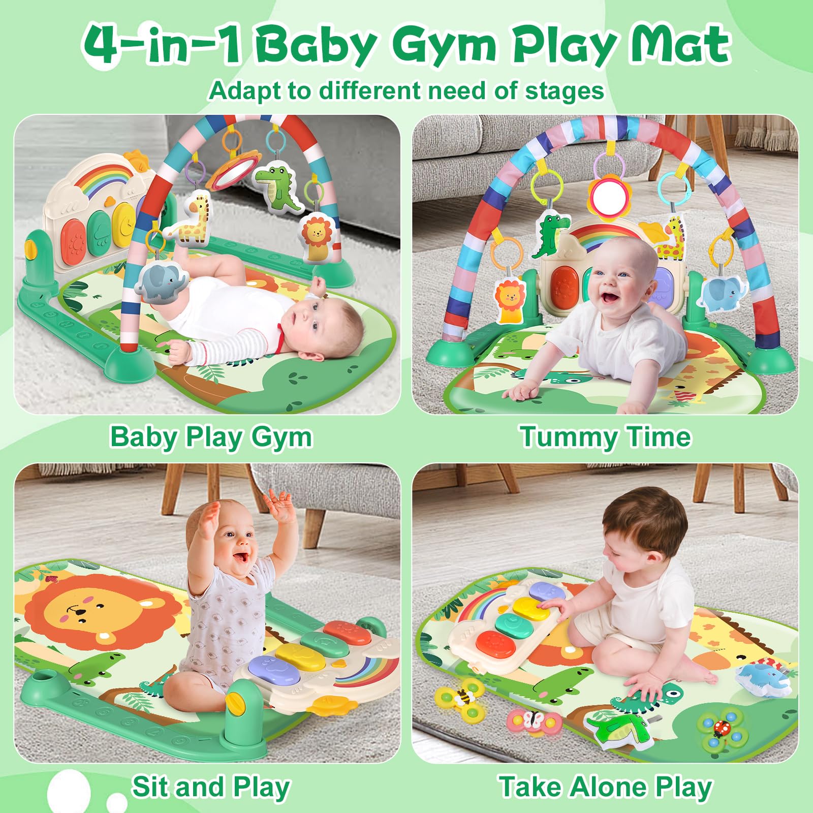 Joryuek baby gym spinning toys stimulate visual tracking and motor exploration.