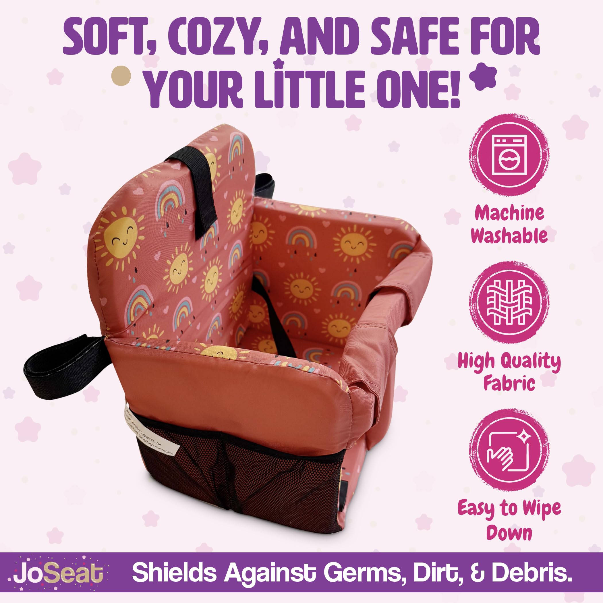 JoSeat cart cover with wipeable fabric simplifies quick cleanups between uses.