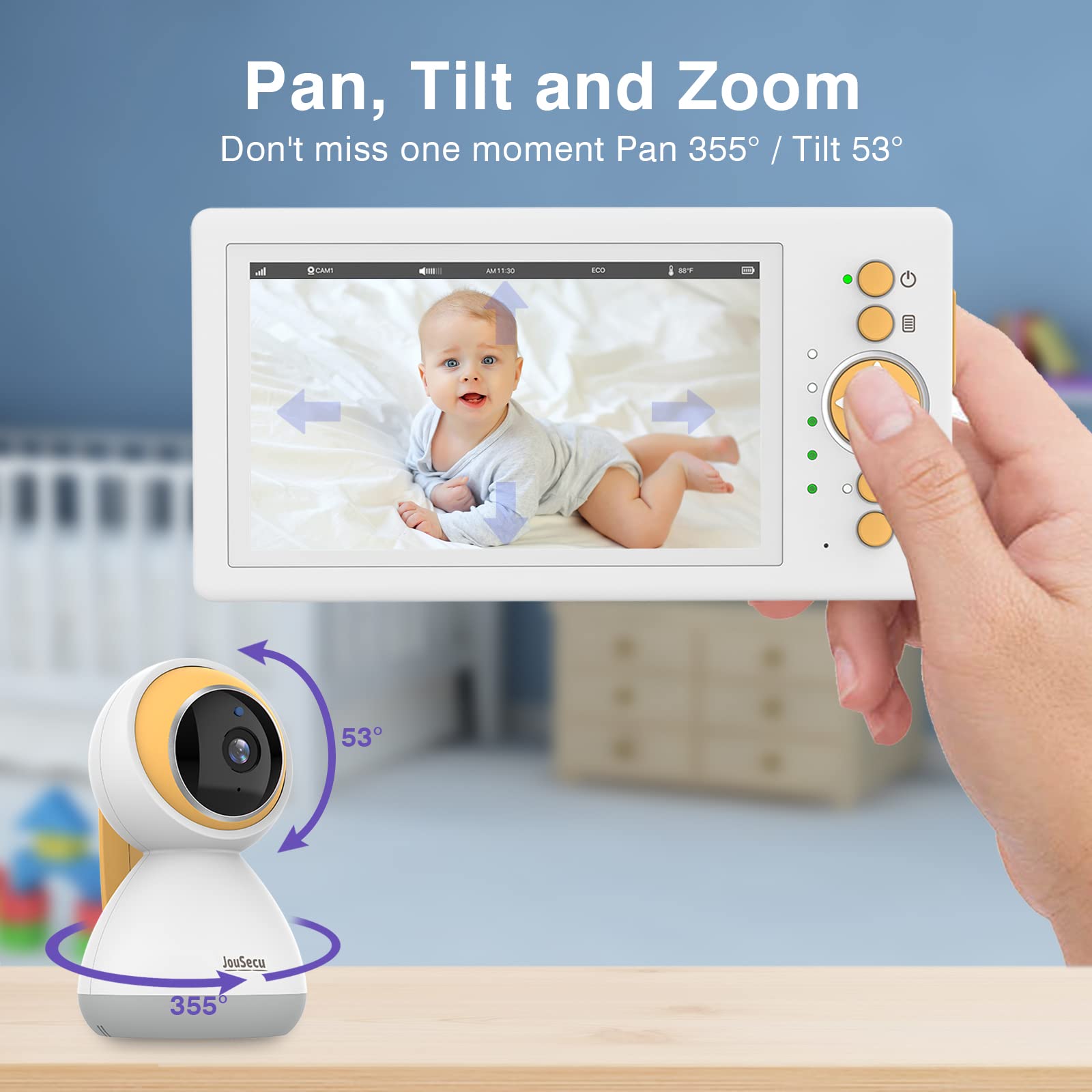 JouSecu 5-inch screen delivers sharp live video of your baby.