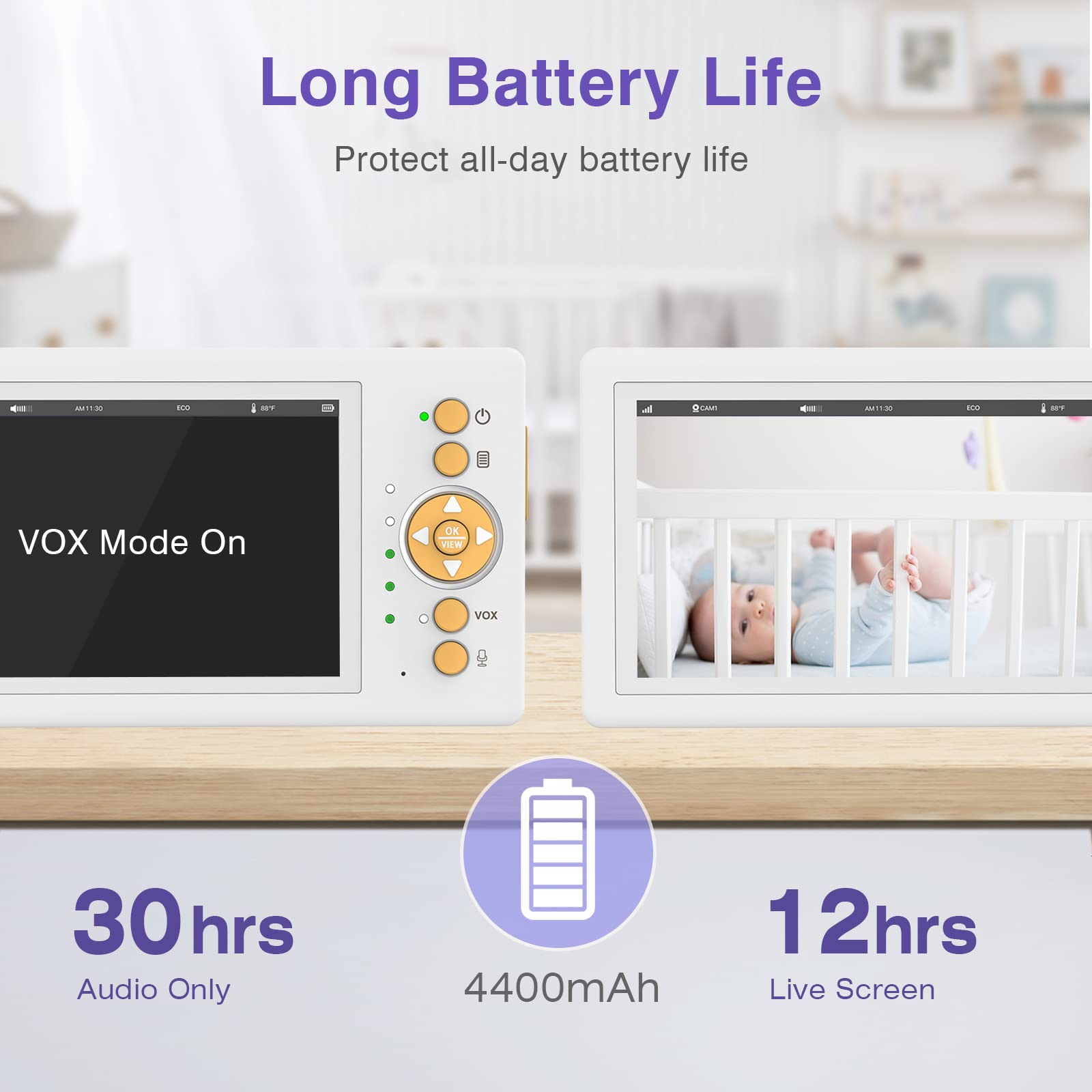 JouSecu 4400mAh battery lasts up to 30 hours in power-saving mode.