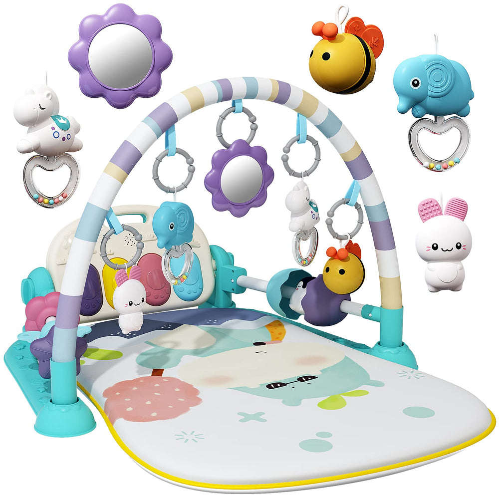 Jovow Baby Gym kick-and-play piano in green engages baby during tummy time