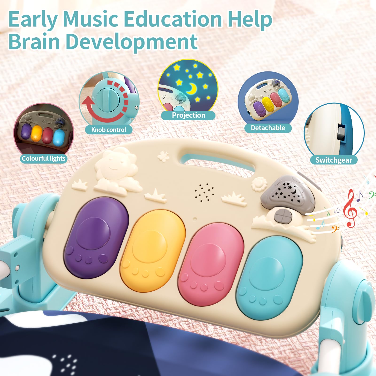 Jovow Baby Gym LED piano keys glow, drawing attention with light