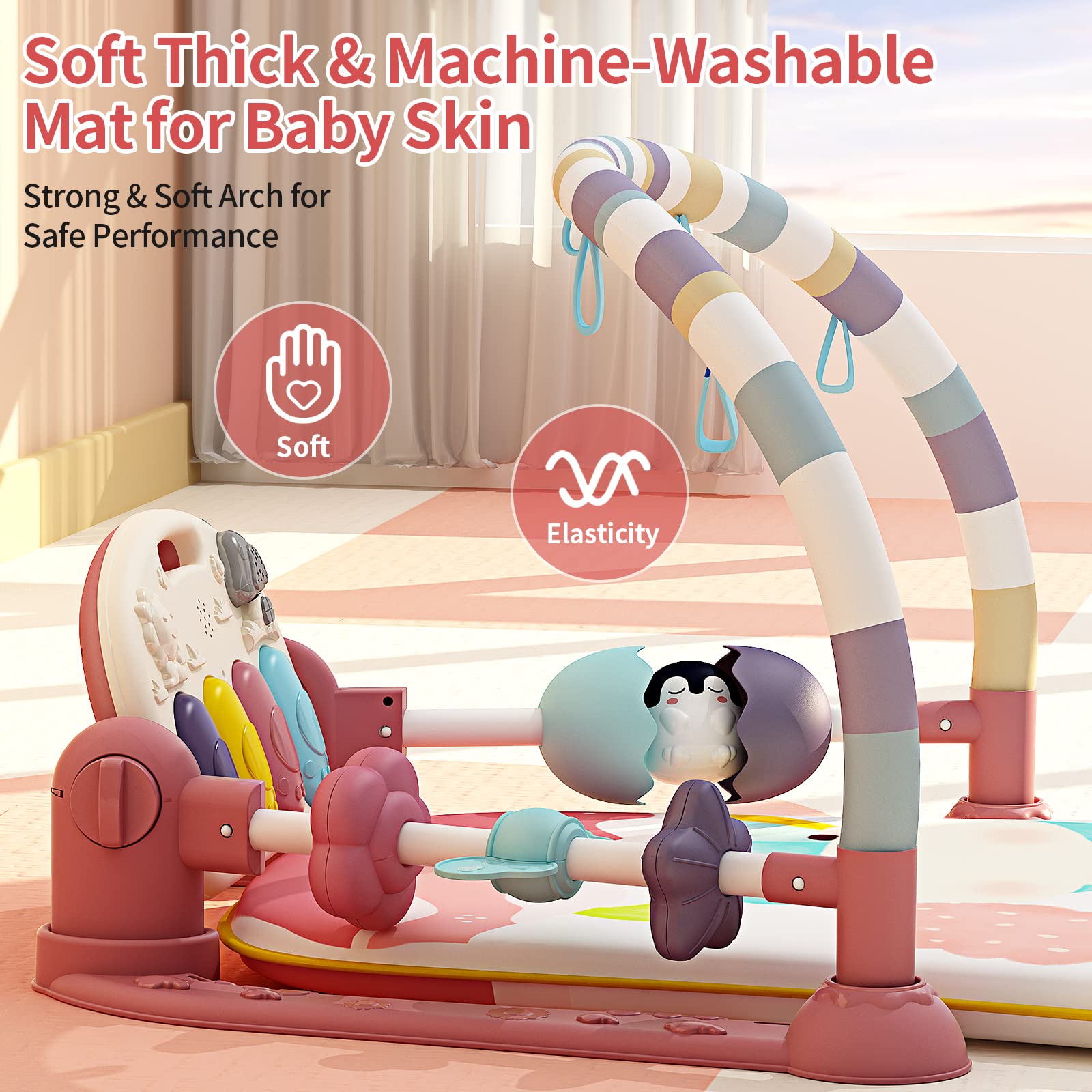 Jovow Baby Gym uses soft cotton fabric for gentle skin contact