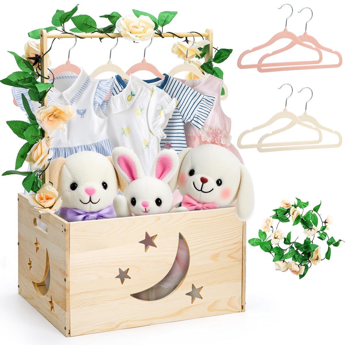 Jowgut wooden baby shower crate closet showcases spacious interior for toys and outfits.