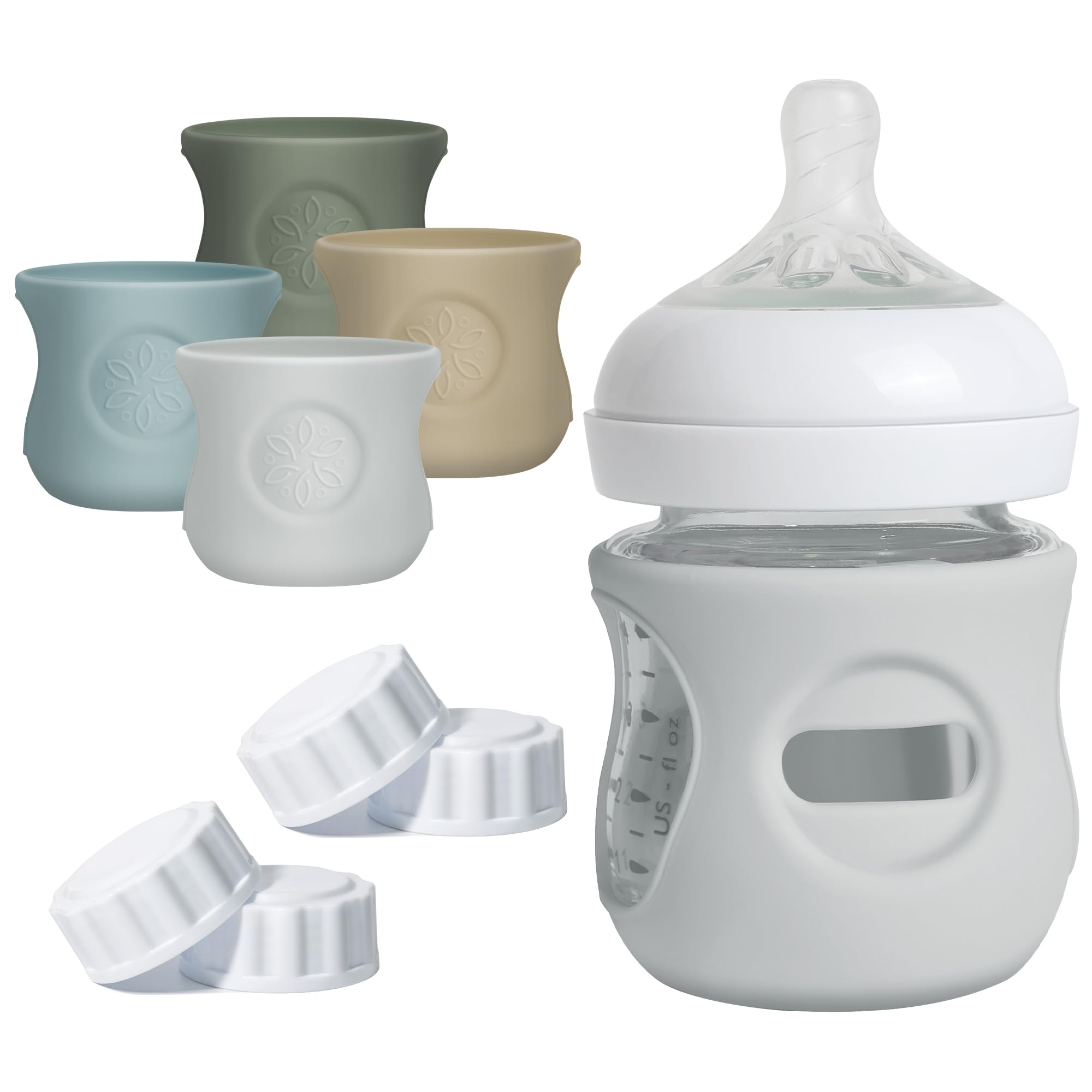 Joxodak silicone sleeve in dark blue protects Philips Avent Natural 4 oz bottle from bumps.
