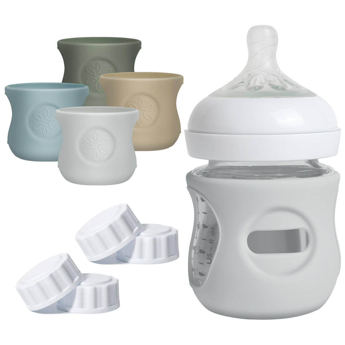 Joxodak silicone sleeve in dark blue protects Philips Avent Natural 4 oz bottle from bumps.