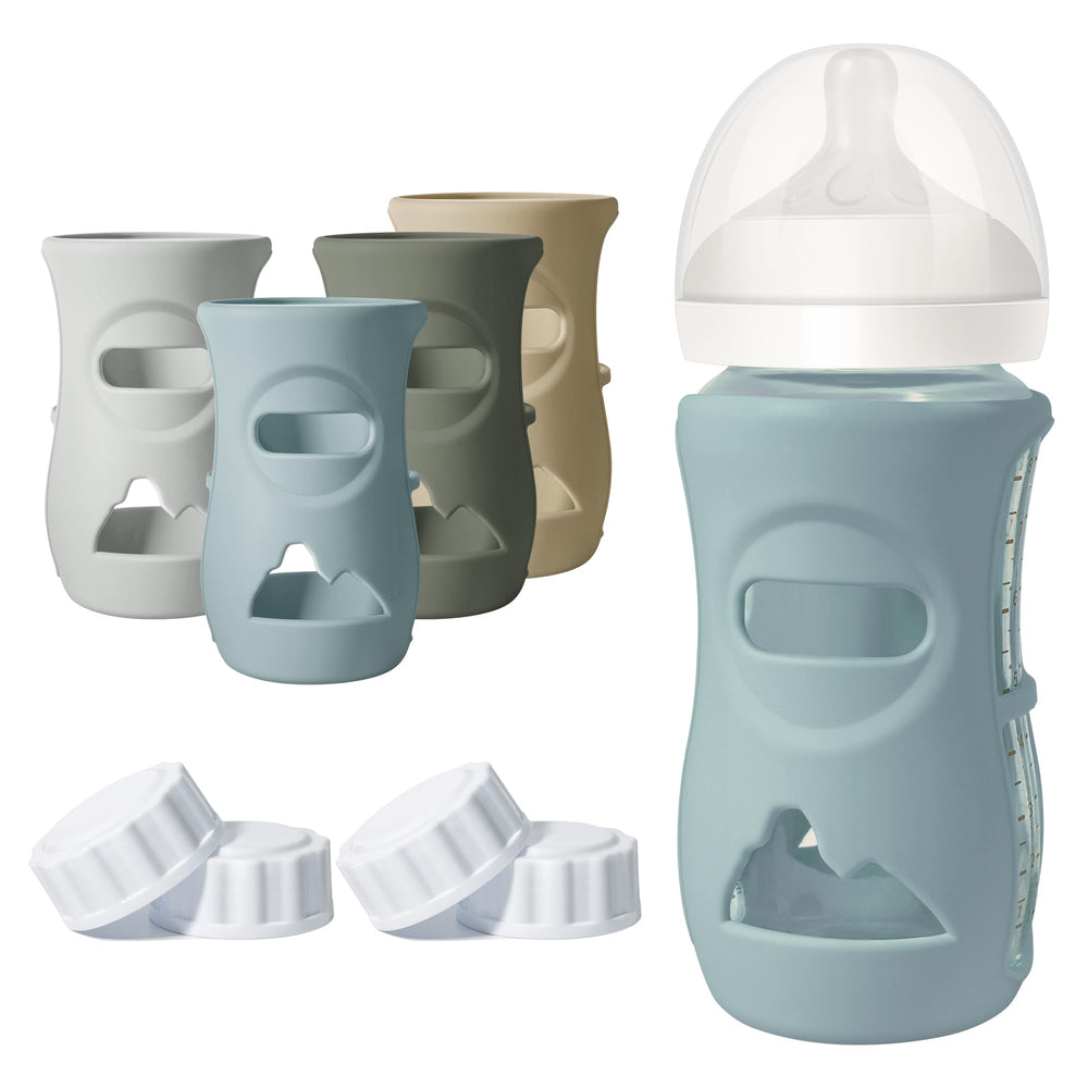 Joxodak dark blue silicone sleeve on Philips Avent 8 oz bottle improves grip and handling