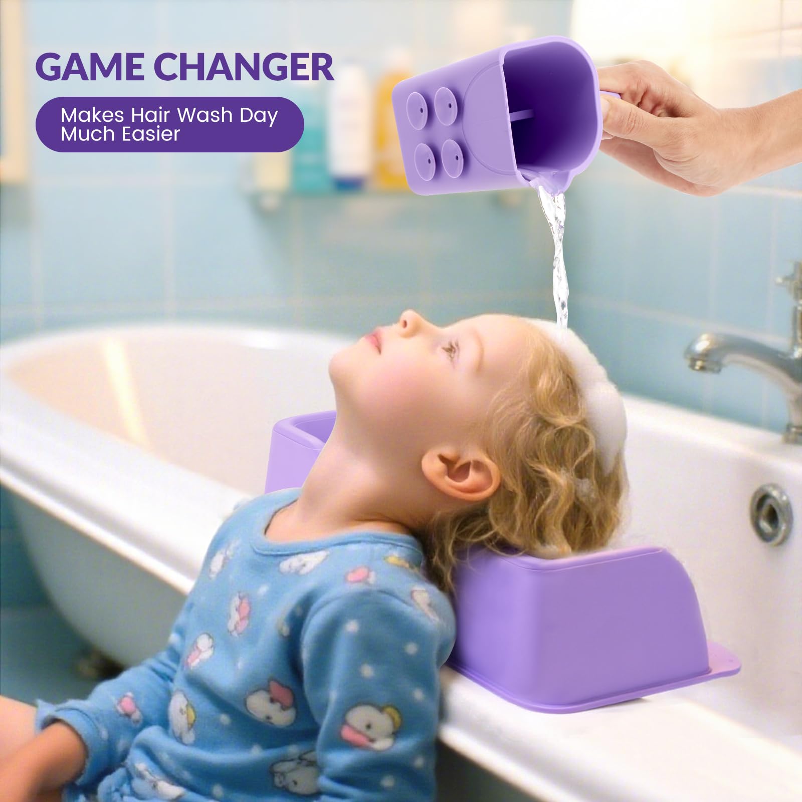 Joy Anan rinse-cup-soft-spout minimizes splashes during hair washing.