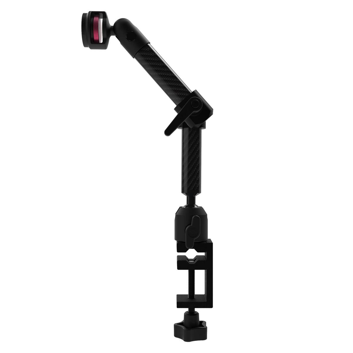 The Joy Factory MagConnect carbon fiber clamp dual-arm mount front view demonstrates sturdy desk setup.