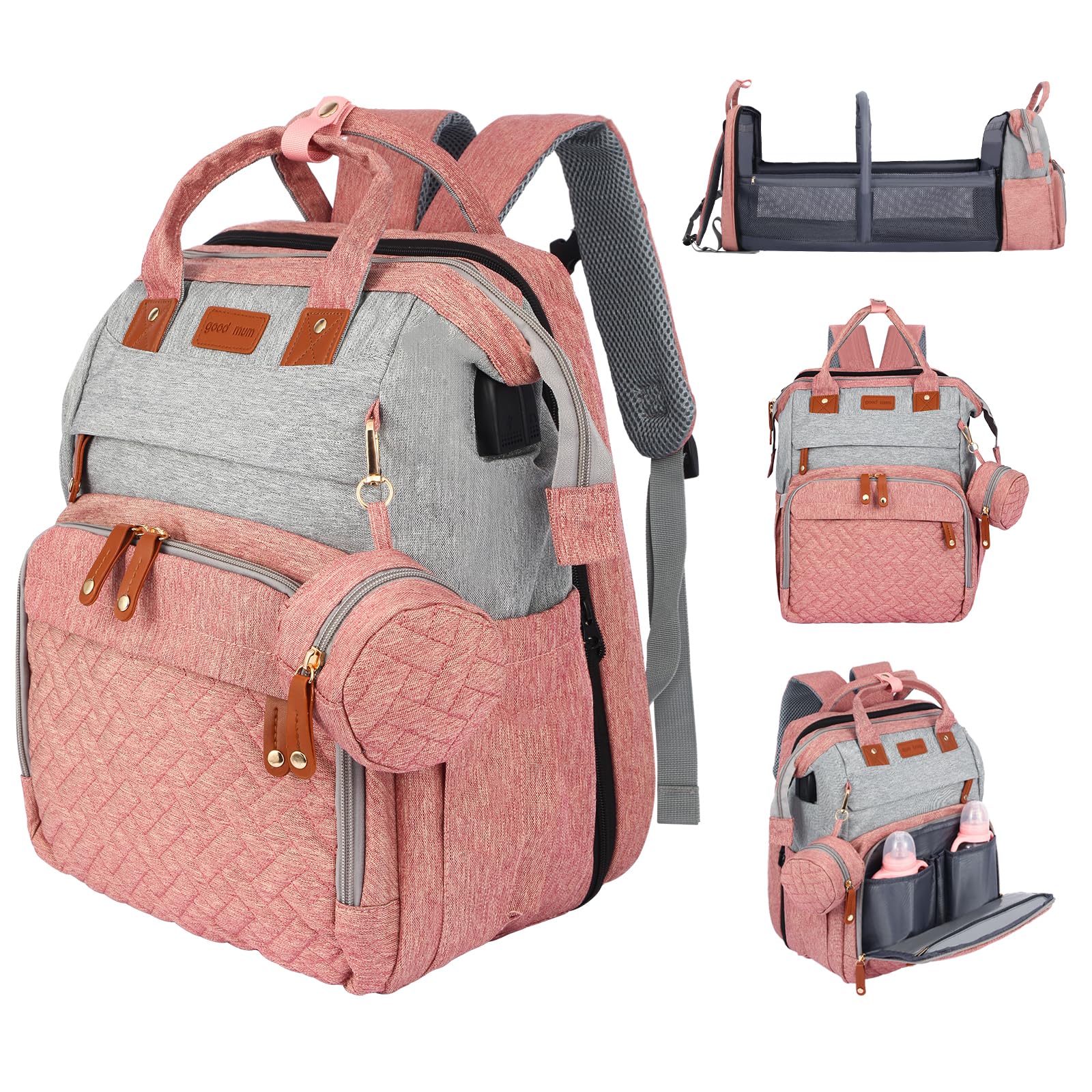 JOYCE diaper bag backpack with changing table and built-in changing pad for on-the-go changes.