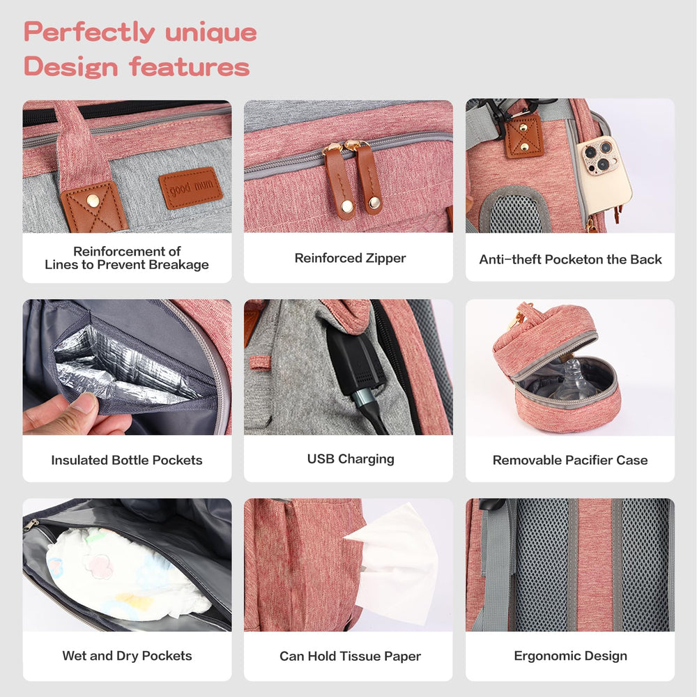 JOYCE diaper bag backpack with insulated bottle pouch keeps bottles ready.