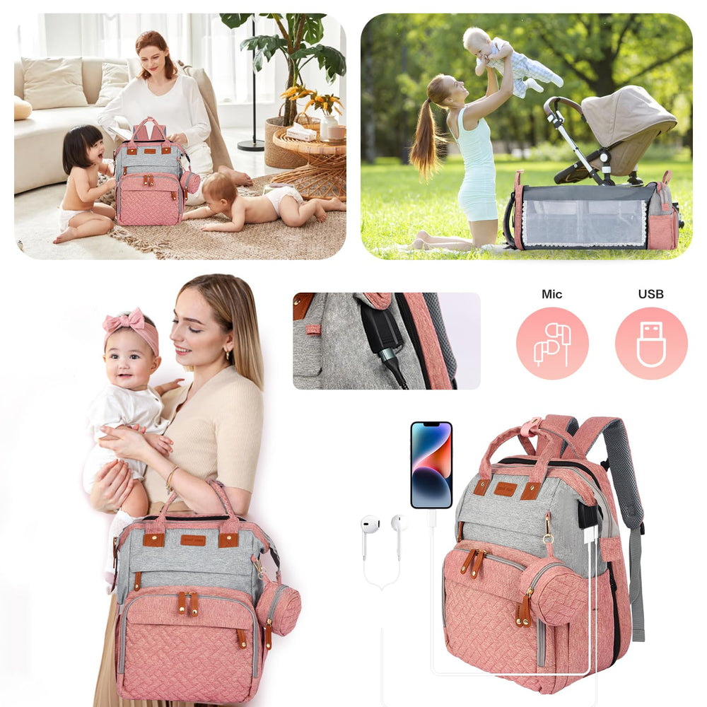 JOYCE diaper bag backpack showing large capacity with 19 pockets for baby essentials.