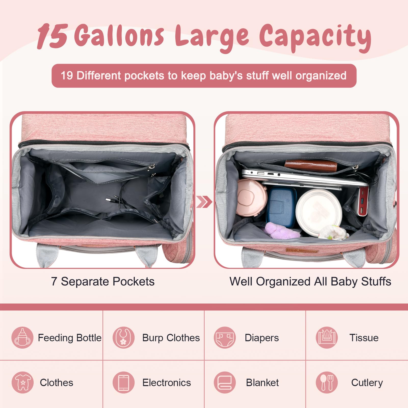 JOYCE diaper bag uses blackout cloth pocket for privacy and easy access.