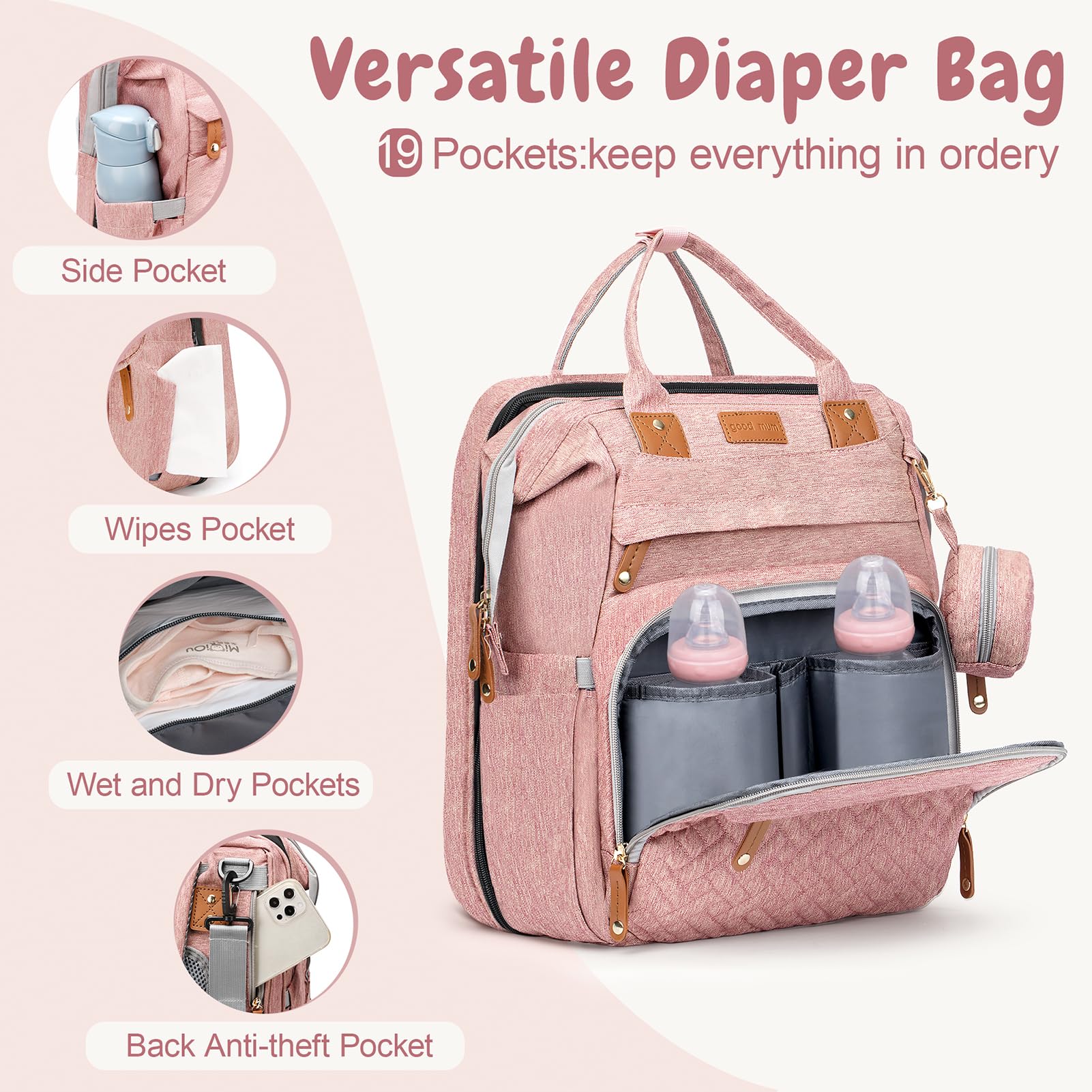 JOYCE diaper bag includes a bottle-insulated pocket to keep liquids ready.