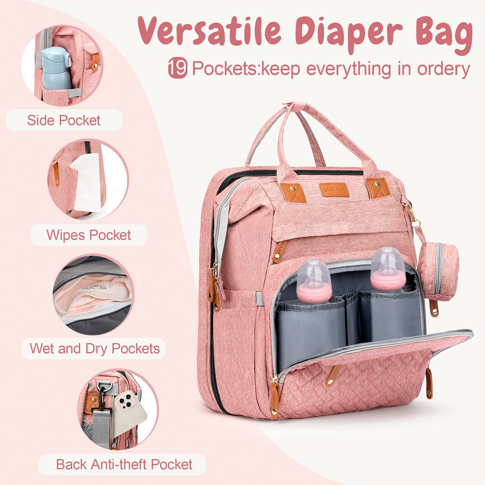 JOYCE diaper bag includes a bottle-insulated pocket to keep liquids ready.