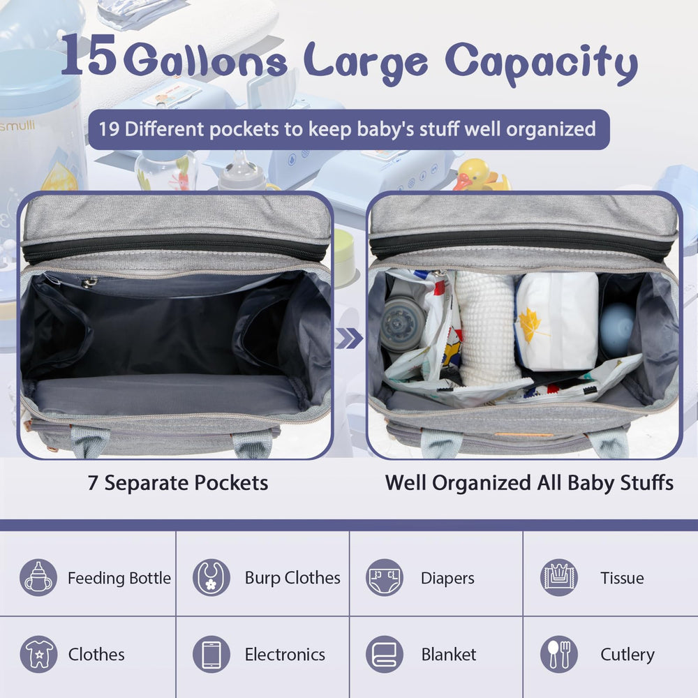 JOYCE diaper bag grey insulated bottle pocket keeps drinks at target temperature.