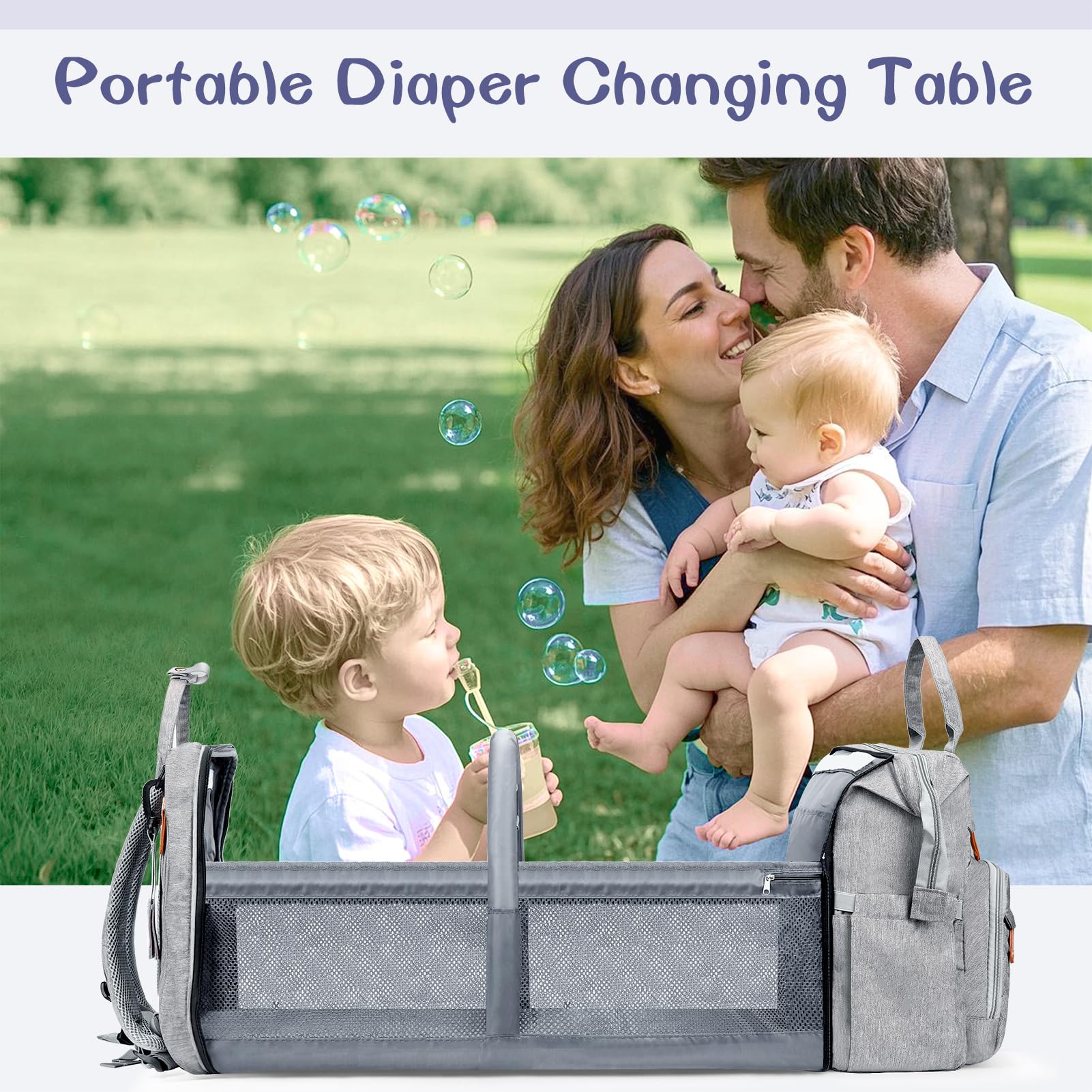 JOYCE diaper bag grey laptop compartment for travel or work days.