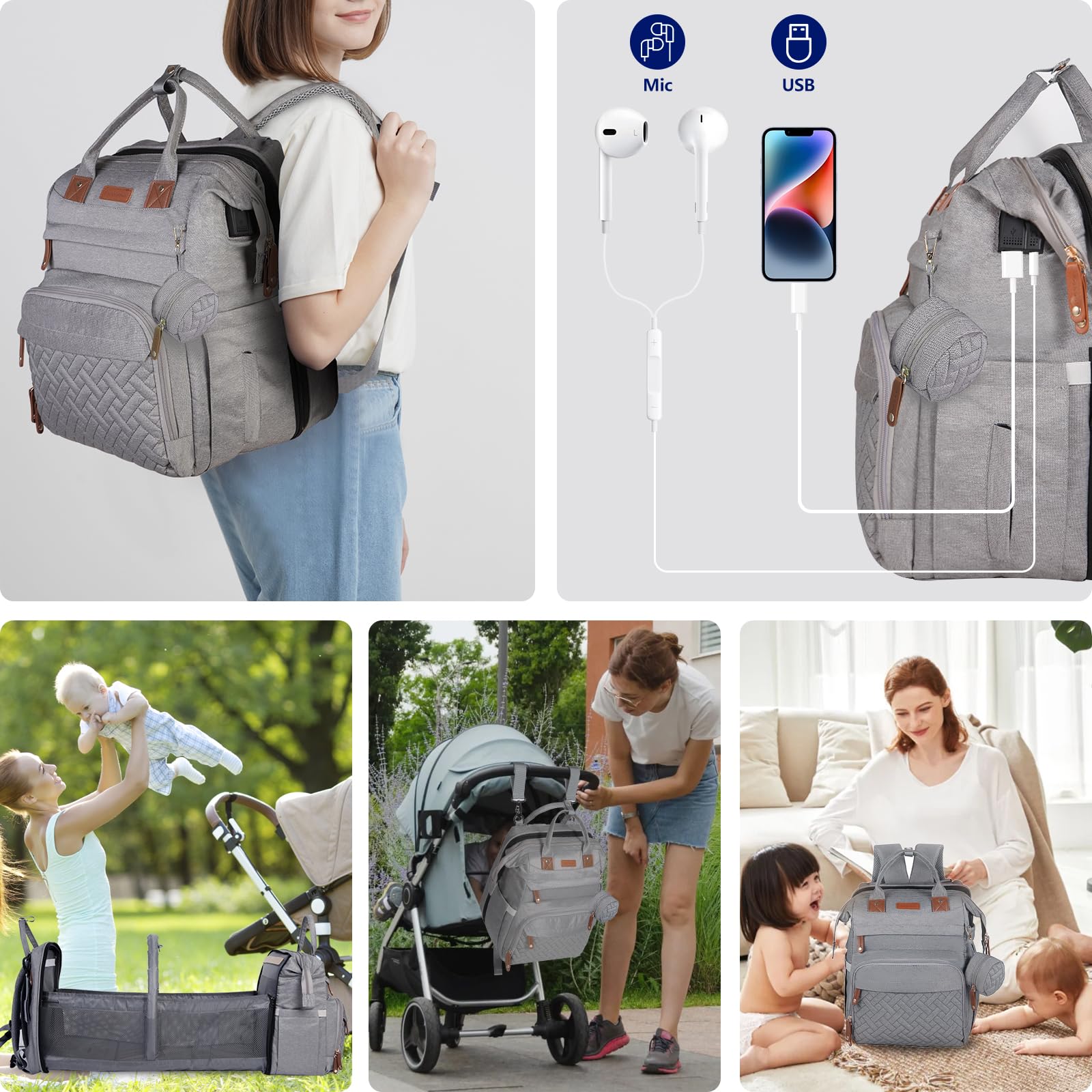 JOYCE unisex grey diaper bag makes a thoughtful newborn gift.